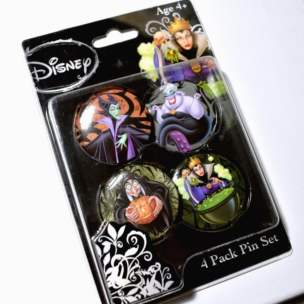 Disney Villains 4 pack button style pin set, New and sealed in original package
